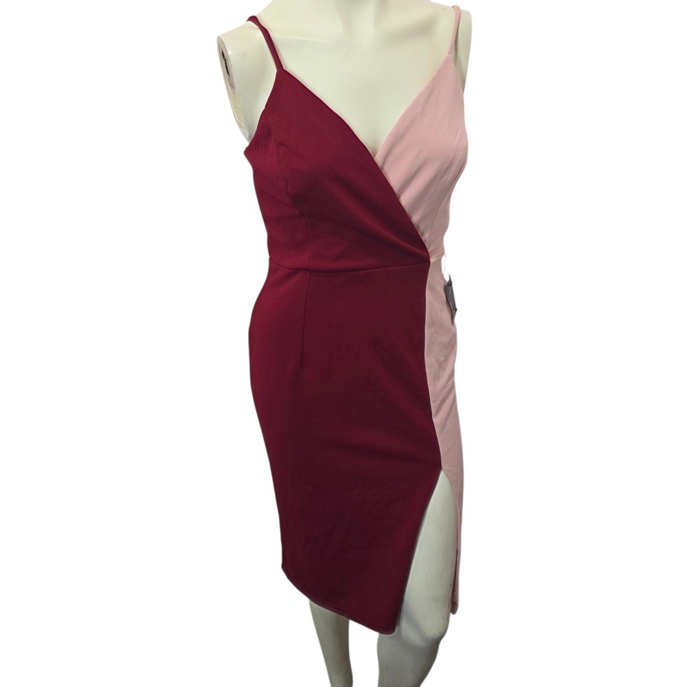 Lulus Colorblock Bodycon Midi Dress M Burgundy Pink Side‎ Slit Spaghetti Strap